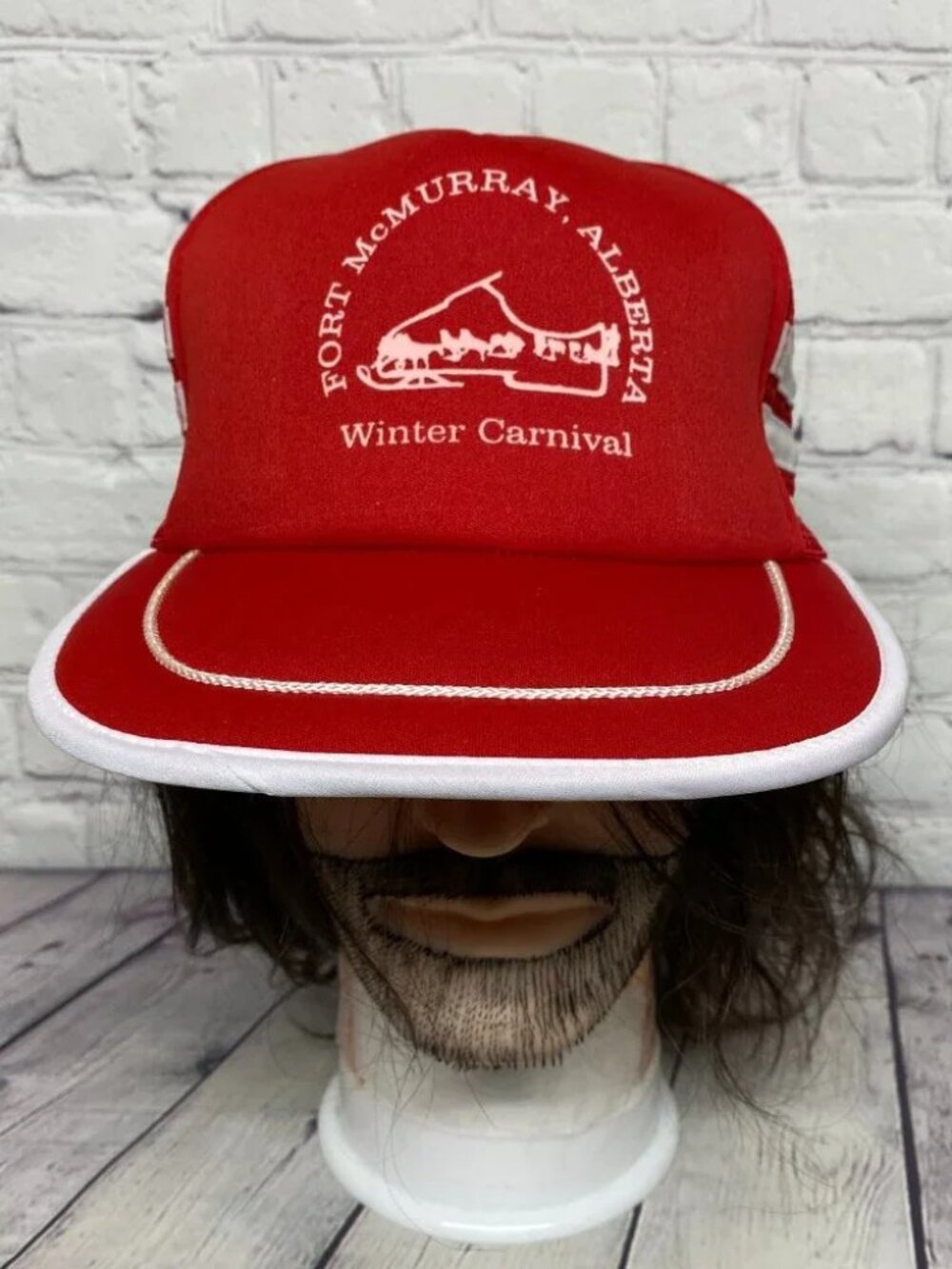 Vintage Fort McMurray Winter Carnival Trucker Hat Mesh Cap 3 Stripe Snapback Red